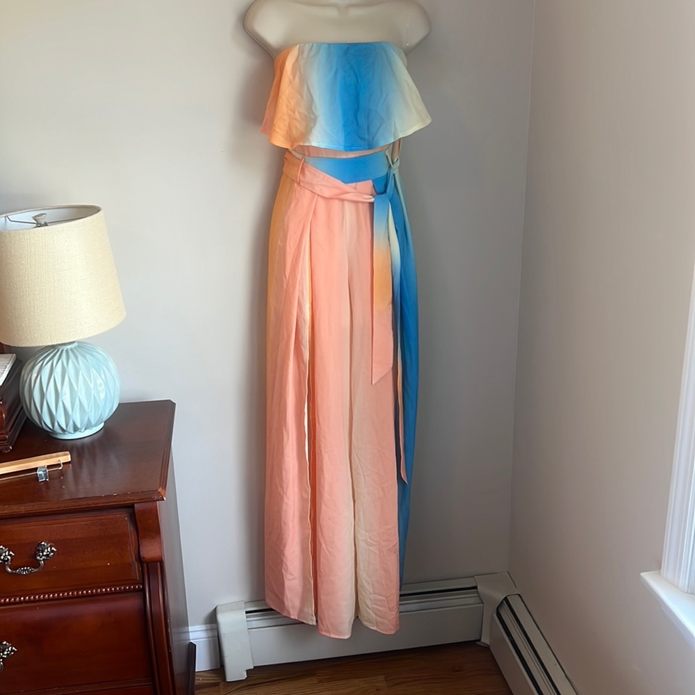Fashion Nova orange/blue jumpsuit with high slits